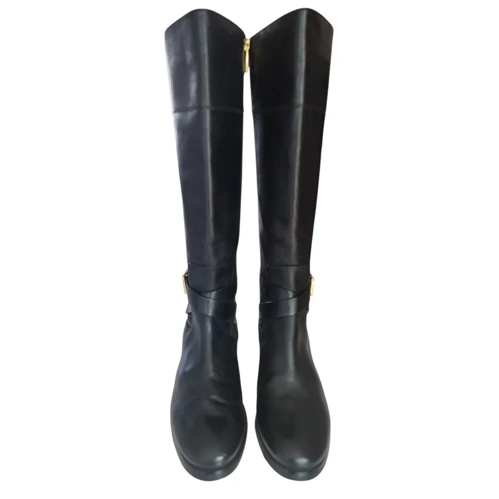 Michael Kors Bryce Black Leather Knee High Tall Riding Boots MK Logo Buckle 9